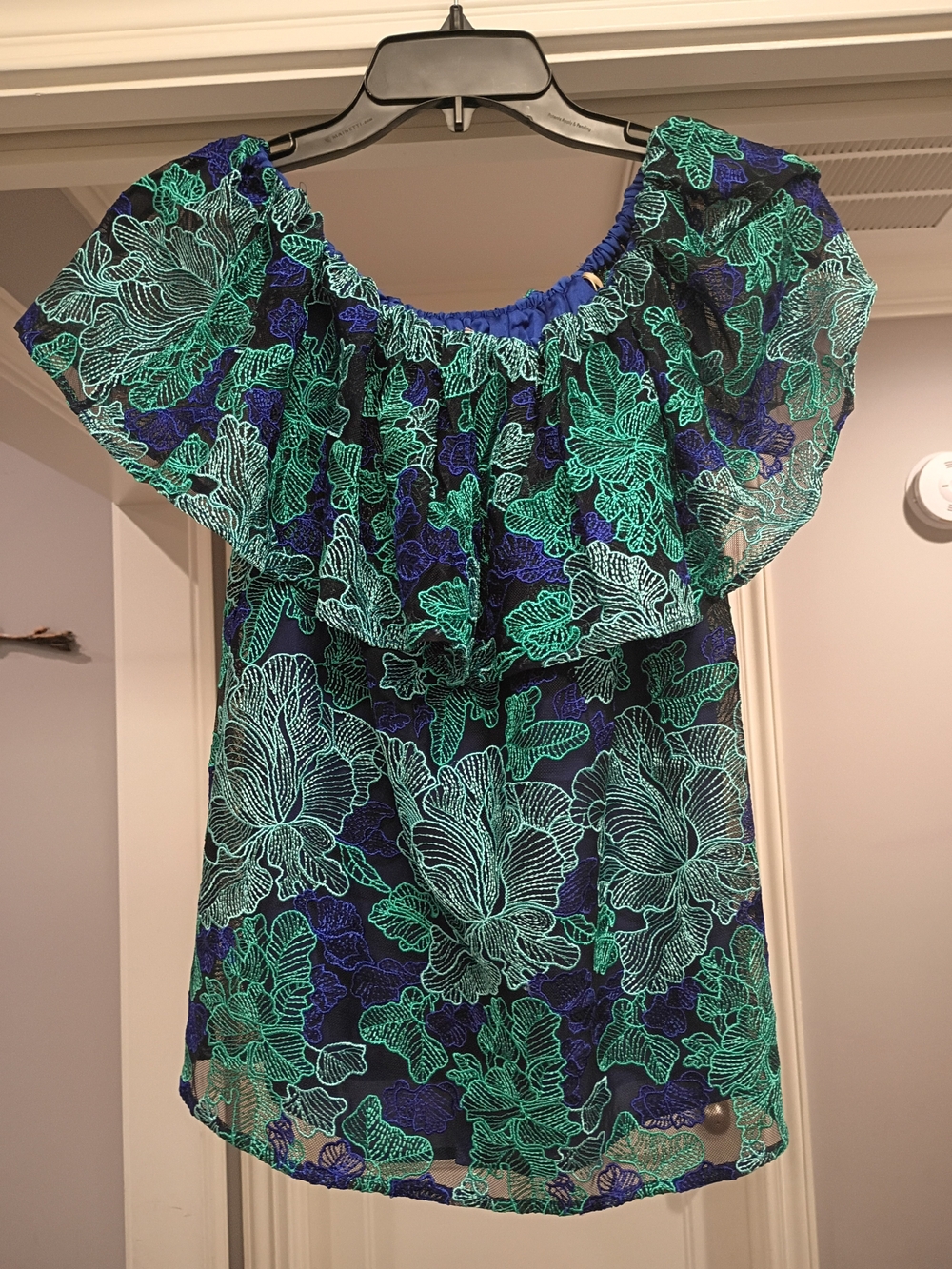 Trina Turk Blue & Green Floral Embroidered Off-Shoulder Blouse Size Small New